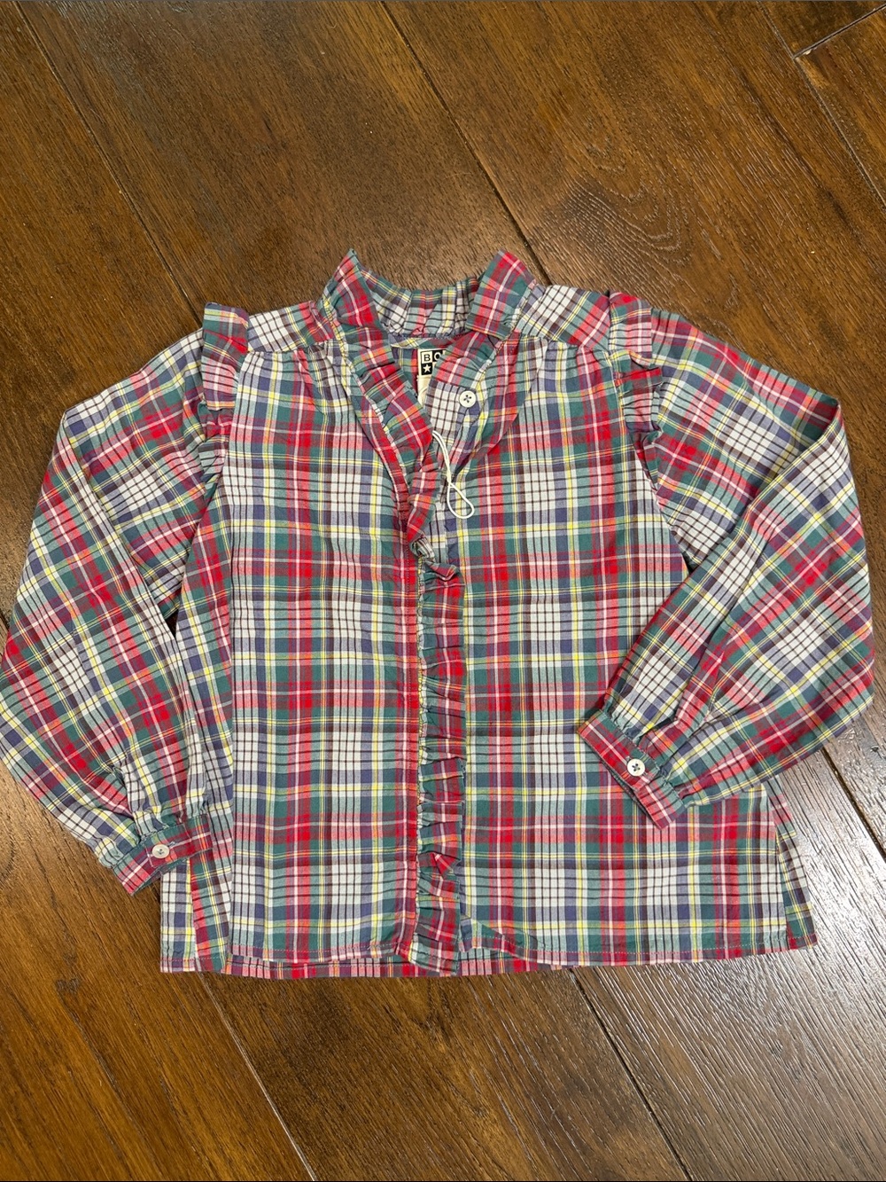 Bonton - Girls Plaid Ruffle Front Long Sleeve Shirt - Size: 6Y